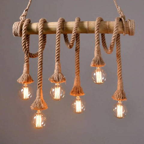 Six Heads Hemp Rope Pendant Light With Vintage Bamboo Chandeliers Fixture For Kitchen Island And Rustic Industrial Hanging Lamp