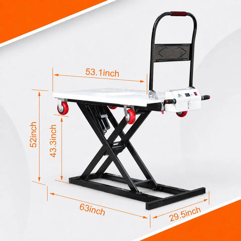 Heavy Duty Electric Scissor Lift Table Cart With 660 Pound Capacity And 52 Inch Max Height, side view showing dimensions and hydraulic design.