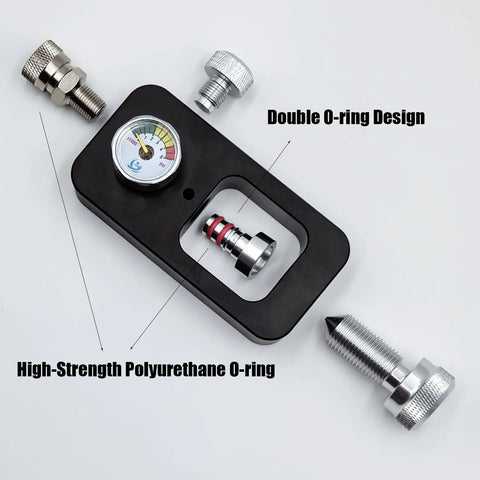 DIN Scuba Fill Station 4500psi HPA Filling Adapter Valve components, showing gauge and O-rings for K Valve J Valve and H Valve Setups