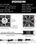 Axial 120mm Cooling Fan 12038, 110V AC, front and side view, dual ball bearings, 120x120x38 mm, shown with wiring and specifications.