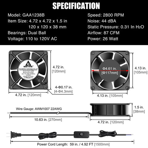 Axial 120mm Cooling Fan 12038, 110V AC, front and side view, dual ball bearings, 120x120x38 mm, shown with wiring and specifications.