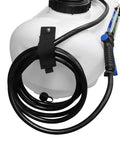 Close-up of 25-Gallon Deluxe UTV and ATV Spot Sprayer with hose strap and adjustable spray gun attached