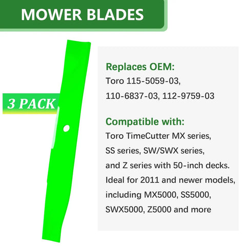 Beefy High Lift Blades For 50 Inch Toro TimeCutter Mower Decks Fits MX5060 MX5075 MX5000 MX5050 SS5000 SS5025 SS5035 SW5000 3 Pack