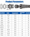 Product dimensions chart for 10 Pack IP68 Waterproof Nylon Cable Gland Connector Kit With Adjustable Clamping Sleeve For PG7 PG9 PG11 PG13.5 PG16 PG21 3 To 18mm Wire Thread And Strain Relief Durable Weatherproof Cable Glands Set