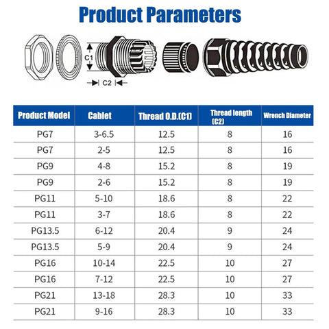 Product dimensions chart for 10 Pack IP68 Waterproof Nylon Cable Gland Connector Kit With Adjustable Clamping Sleeve For PG7 PG9 PG11 PG13.5 PG16 PG21 3 To 18mm Wire Thread And Strain Relief Durable Weatherproof Cable Glands Set