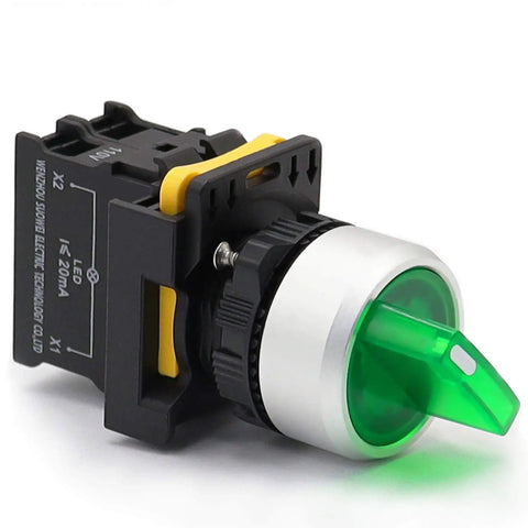 Green LED Indicator Rotary Switch 110V-220V 22mm IP65 Waterproof Latching, side view of industrial panel mount switch