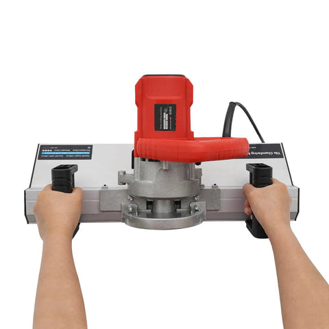 Heavy Duty 1200W Electric Tile Bevel Cutter With Integrated Spray System For Clean 43 Degree Chamfering On Ceramic Tile Built Tough For No Fuss Weekend Warrior Or Pro Cutting. User holds the tool.