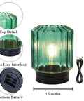 Battery Operated Table Lamp 8 Inch Cordless LED Lantern With 6 Hour Timer For Indoor Outdoor Decor USB Power Cable Included Glass Shade On Black Metal Base Party Ready For Events, showing a green glass shade with USB cord and battery compartment.