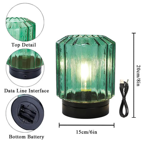 Battery Operated Table Lamp 8 Inch Cordless LED Lantern With 6 Hour Timer For Indoor Outdoor Decor USB Power Cable Included Glass Shade On Black Metal Base Party Ready For Events, showing a green glass shade with USB cord and battery compartment.