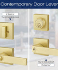 Smooth Satin Brass Door Handleset With Single Cylinder Deadbolt Reversible For Right Or Left Swing Easy Keyed Square Deadbolt Lock Set For Front Entry Door interior and exterior view