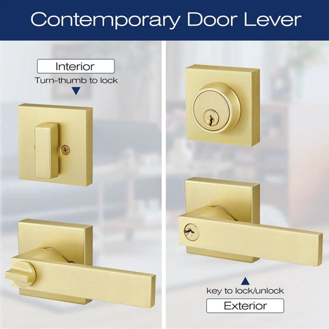 Smooth Satin Brass Door Handleset With Single Cylinder Deadbolt Reversible For Right Or Left Swing Easy Keyed Square Deadbolt Lock Set For Front Entry Door interior and exterior view