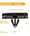 Badass 60 Piece Auto Body Trim Pack With Fender Flare Clips And Rocker Molding Retainers For Jeep Wrangler Chrysler Ford Rig Plus Slick Fastener Puller Tool, OEM replacement clip dimensions shown.