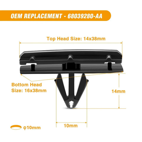 Badass 60 Piece Auto Body Trim Pack With Fender Flare Clips And Rocker Molding Retainers For Jeep Wrangler Chrysler Ford Rig Plus Slick Fastener Puller Tool, OEM replacement clip dimensions shown.