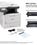 Kick Butt Heavy Duty Monochrome Laser All In One Printer With Automatic Duplex Print Scan Copy High Speed Office Workhorse Plug And Play Bundle Includes Usb And Hdmi Cables side view with toner, drum unit, power and telephone cords.