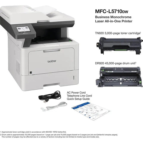 Kick Butt Heavy Duty Monochrome Laser All In One Printer With Automatic Duplex Print Scan Copy High Speed Office Workhorse Plug And Play Bundle Includes Usb And Hdmi Cables side view with toner, drum unit, power and telephone cords.