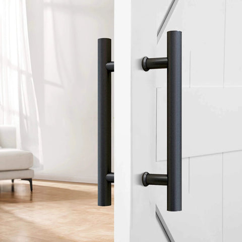 12 Inch Push Pull Barn Door Handle Set Double Side H Shape Sliding Door Hardware Heavy Duty Swing Gate Handles Matte Black Carbon Steel Anti Rust Finish Easy Install With Screws And Installation Manual installed on white door