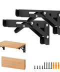 Super Sturdy Matte Black Folding Shelf Brackets with wood surface, ideal for compact spaces like garages or kitchens.