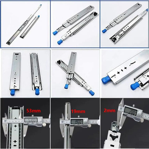 Heavy-Duty 20-Inch Drawer Slides For Industrial Shelving, 120 Kg Capacity, Galvanized Steel With Blue Seal Coating, details shown.