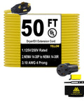 Coiled yellow 50 ft, 4-prong NEMA 14-30 UL Rated EV and dryer extension cord with plug and socket, carry bag included.