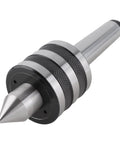 Close-up of CHICIRIS MT3 revolving live center for metal lathe; steel body with knurled rings.