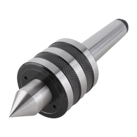Close-up of CHICIRIS MT3 revolving live center for metal lathe; steel body with knurled rings.