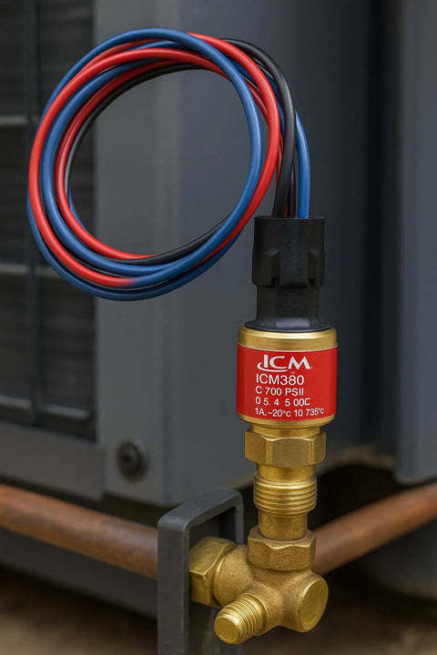 ICM380 pressure transducer with brass fitting and 3-wire connector; red label, blue/red/black wires coiled.