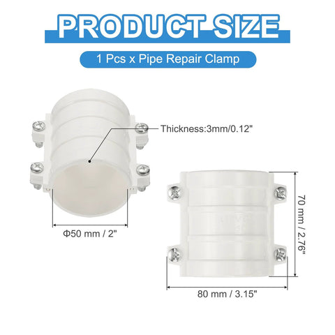 PATIKIL white PVC pipe repair clamp for 50 mm (2 in) OD pipes; 3 mm thick with side screws.