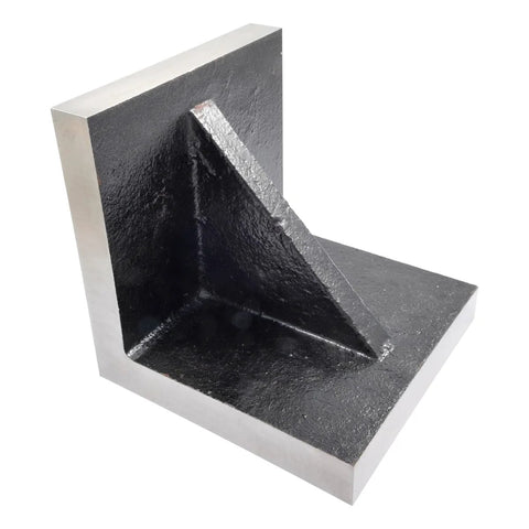 3x3x3 inch ground angle plate with webbed end, steel with silver edges, angled view
