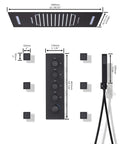 Top Shelf Heavy Duty Stainless Steel Shower Panel Fifteen X Twenty Three Inches With Built In Bluetooth Speakers Smart Thermostatic Valve Four Way Rainfall Waterfall And Body Jets Remote Color Changing Antique Brass displayed with dimensions and control panel.