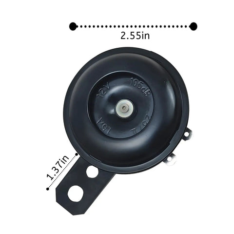 Top view of Waterproof 12V Universal Air Horn For Motorcycles And Cars, 105 dB Loud Electric Horn, black circular design with mounting bracket