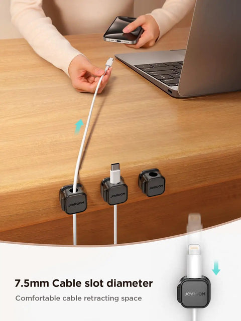 9 Pack Magnetic Cable Clips With Smooth Adjustable Slots Self Adhesive Cord Holders installed on desk edge for cable management