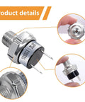 Air Pressure Switch 120-150 PSI 1 Quarter NPT DC 12V-24V shown in hand and detailed views, metal construction, for pneumatic systems.