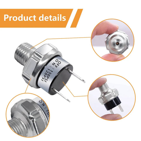 Air Pressure Switch 120-150 PSI 1 Quarter NPT DC 12V-24V shown in hand and detailed views, metal construction, for pneumatic systems.