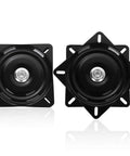 Heavy Duty 7 Inch Square Bar Stool Swivel Plate For Buttery Smooth 360 Degree Spin With Rust Proof Steel And No Skip Roll Perfect Rock Solid Seat Base Swap For Recliners And Kitchen Counters In Easy Two Pack, showcasing two black steel swivel plates.
