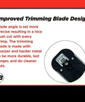 Improved trimming blade design on ratcheted pass through RJ45 crimp tool with built in stripper and cutter for effective use.