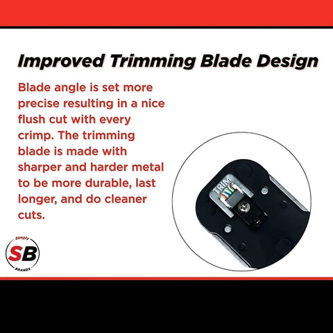 Improved trimming blade design on ratcheted pass through RJ45 crimp tool with built in stripper and cutter for effective use.