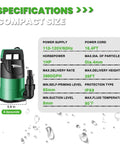Image of 1 HP Submersible Sump Pump With 3981 GPH Flow showing specifications and compact design