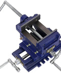 4 Inch X Y Cross Slide Drill Press Vise With Heavy Duty Steel Construction And Hardened Replaceable Serrated Jaws, top view, detailed components.