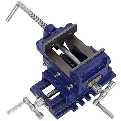 4 Inch X Y Cross Slide Drill Press Vise With Heavy Duty Steel Construction And Hardened Replaceable Serrated Jaws, top view, detailed components.