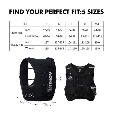 Super Light And Breathable Running Hydration Vest For Guys And Gals On The Trails 10 Liter Capacity size chart illustration