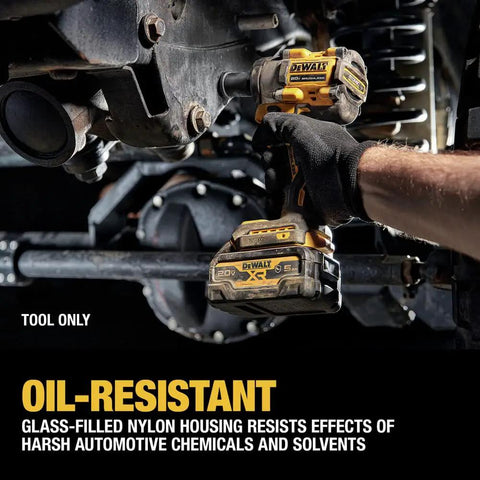 Premium 20 Volt Cordless Impact Wrench equipped with 1/2 inch detent pin used for automotive repairs under a vehicle.