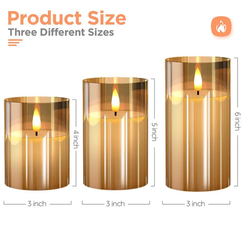 Glass Battery Operated LED Flameless Candles With Remote And Timer Pack Of 3 Real Wax Look Flickering Warm Light Gold sizes
