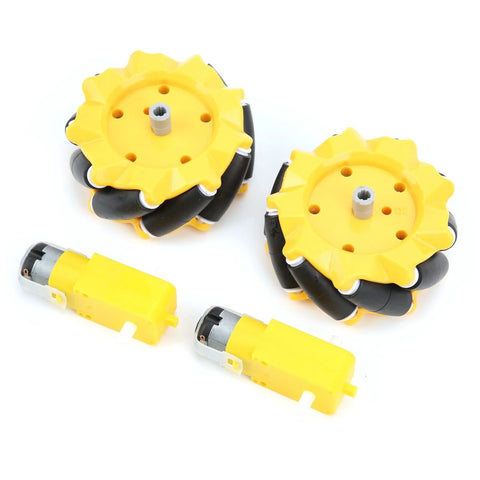 Two yellow 80mm mecanum wheels with black rollers and two yellow DC motors for DIY robot projects