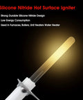 Glowing Universal Silicon Nitride 120V Ignitor for gas-fired furnaces and boilers, hot surface igniter with text details.