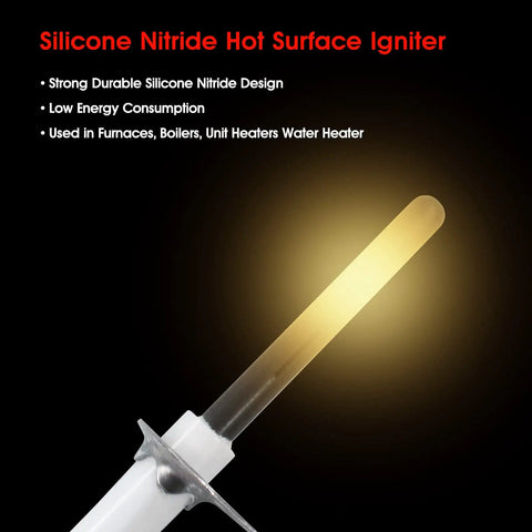 Glowing Universal Silicon Nitride 120V Ignitor for gas-fired furnaces and boilers, hot surface igniter with text details.