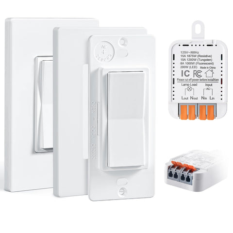 Dope Three Way Wireless Light Switch Kit With Remote Receiver No Wiring Needed, 15A RF Wall Switch, 100ft Range, Ultra Thin Design