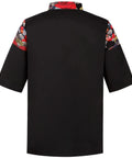 Back view of Pro-Level Unisex Sushi Chef Coat With Breathable 3/4 Sleeves, sleek black fabric with colorful patterned sleeves.