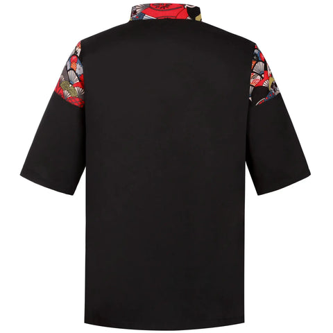 Back view of Pro-Level Unisex Sushi Chef Coat With Breathable 3/4 Sleeves, sleek black fabric with colorful patterned sleeves.