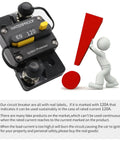 Road Ready 120 Amp Circuit Breaker With Manual Reset Switch For Cars And Boats, 48 Volt Overload Protector close-up view.