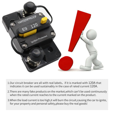 Road Ready 120 Amp Circuit Breaker With Manual Reset Switch For Cars And Boats, 48 Volt Overload Protector close-up view.